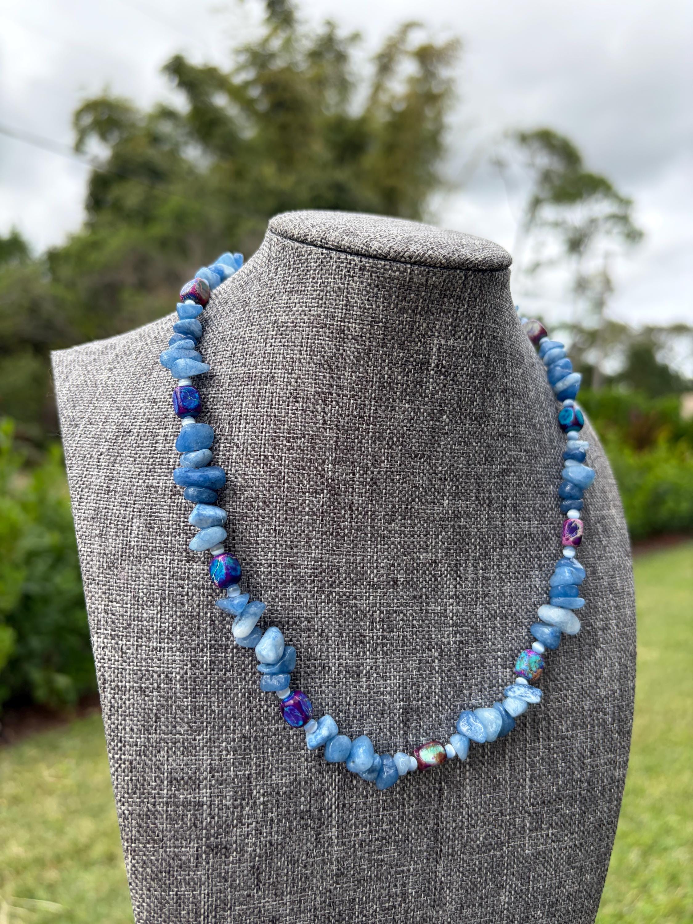 Dyed Blue Quartz + Dyed Jade + Cat Eye Crystal Necklace