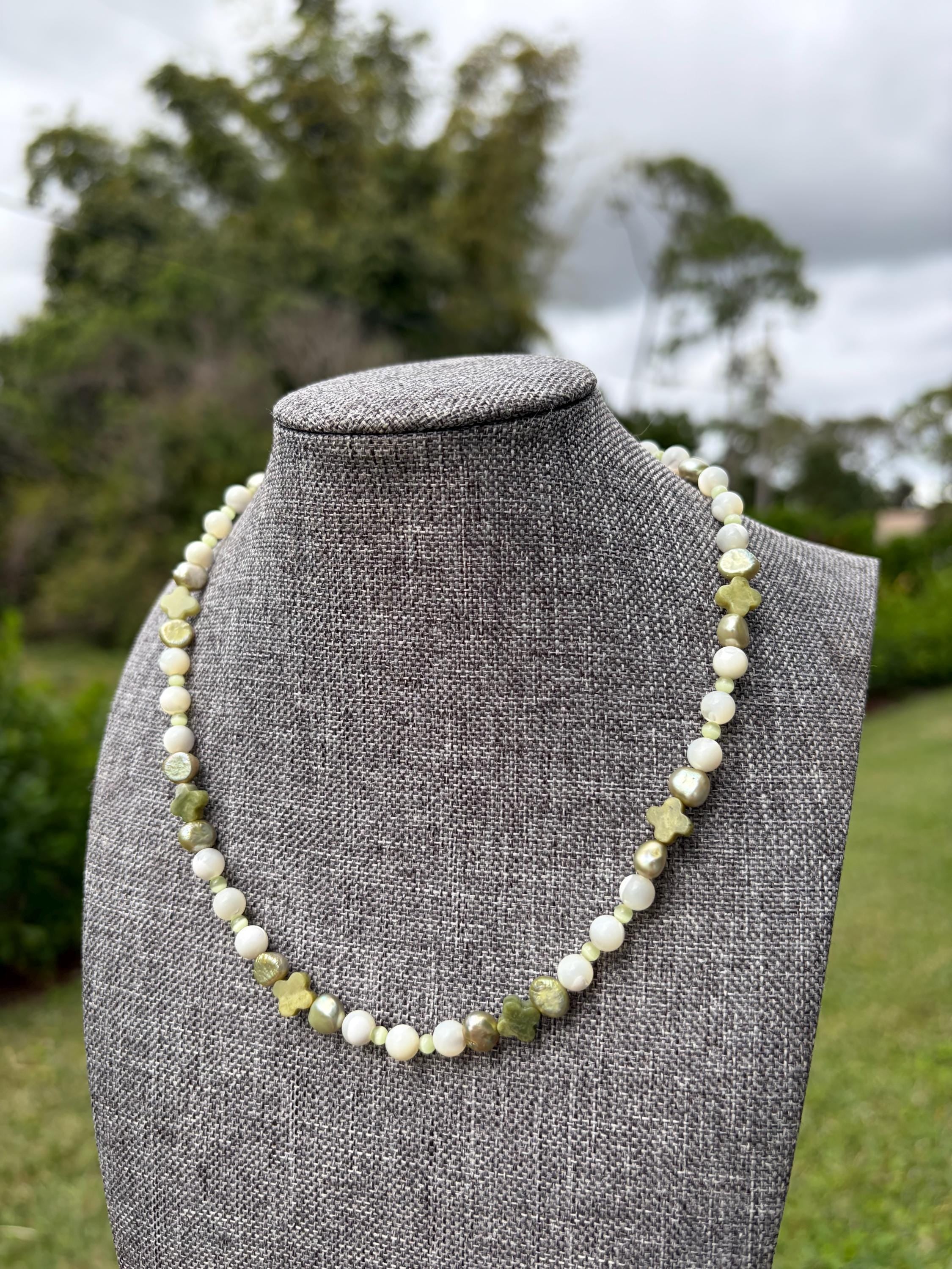 Green Clover Cross Cat Eye + Mother Of Pearl Necklace