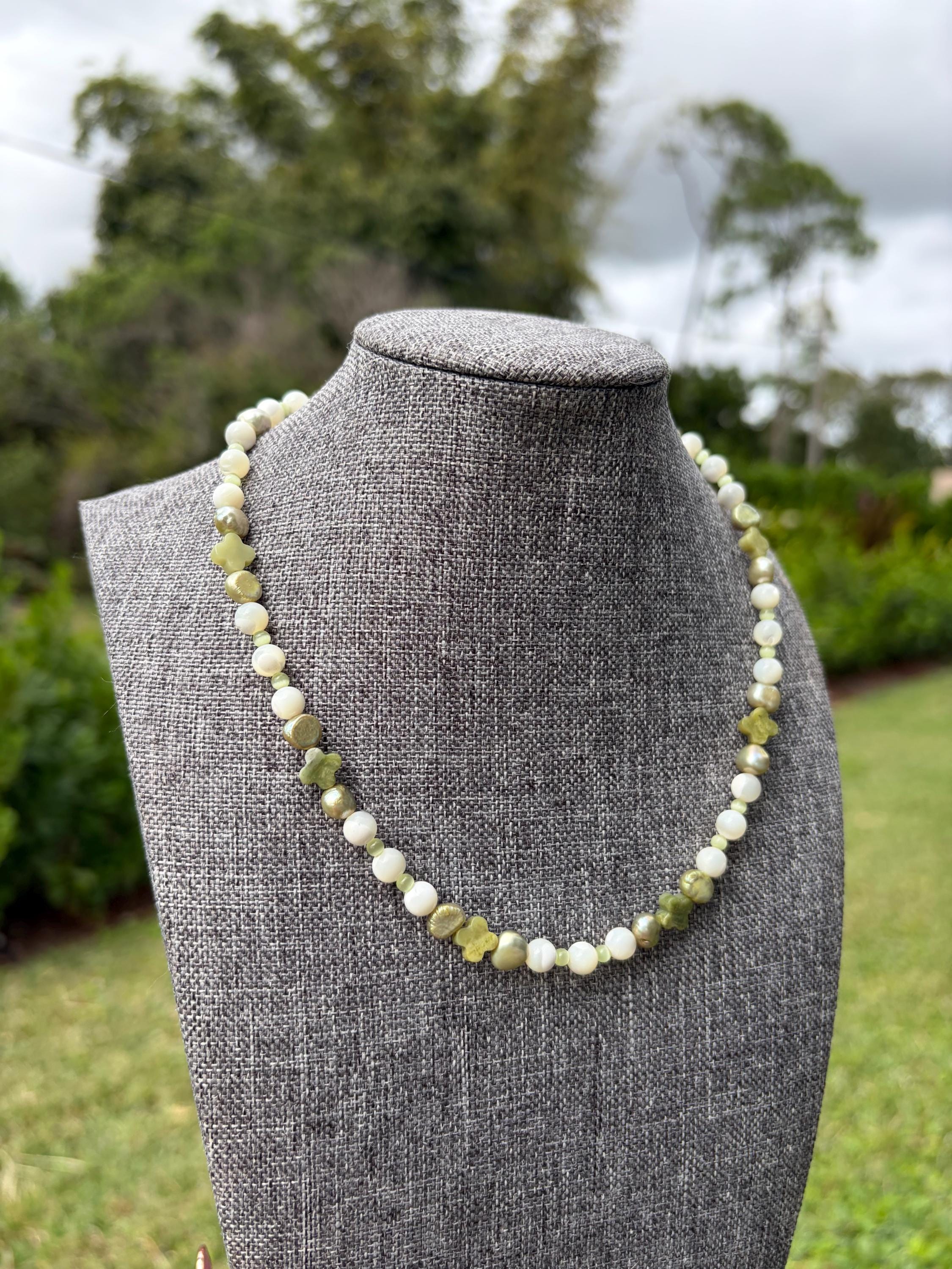 Green Clover Cross Cat Eye + Mother Of Pearl Necklace
