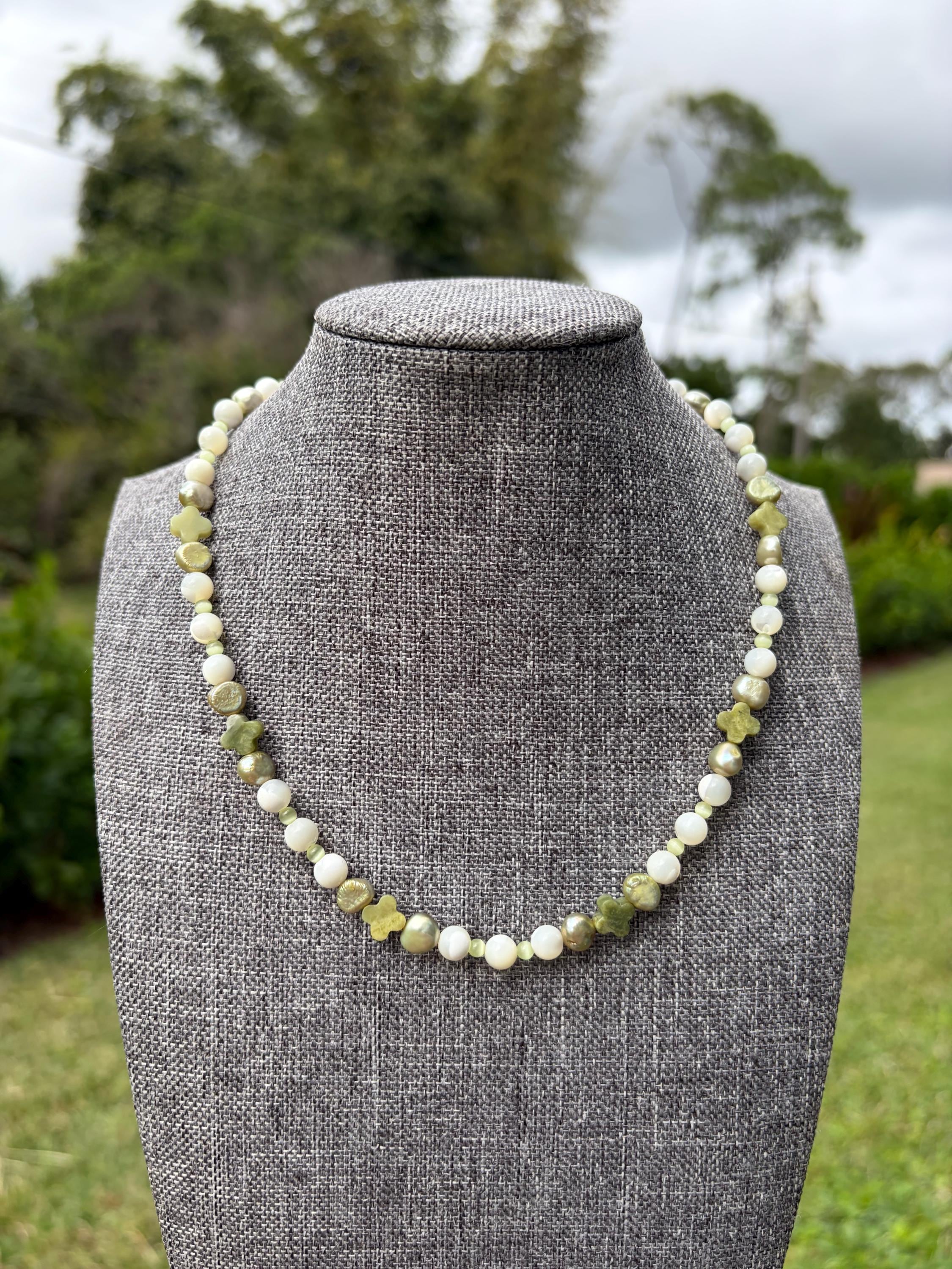 Green Clover Cross Cat Eye + Mother Of Pearl Necklace