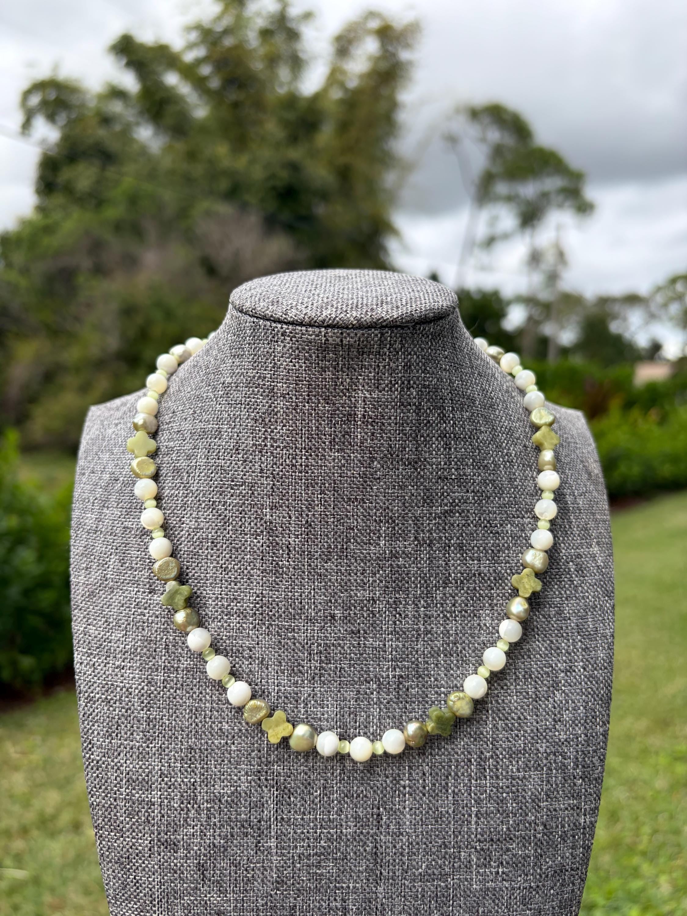 Green Clover Cross Cat Eye + Mother Of Pearl Necklace