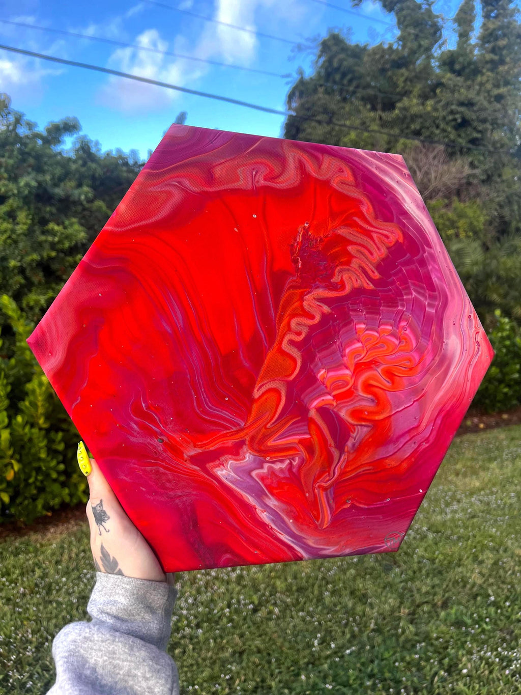 Ember Ascension Hexagon Acrylic Pour Painting