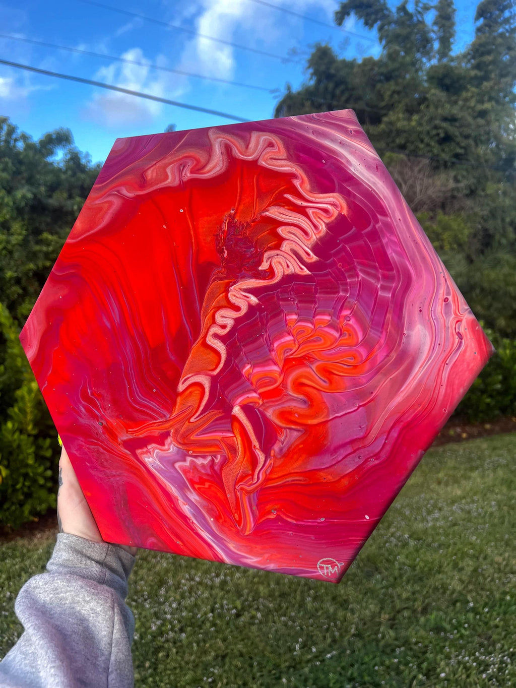 Ember Ascension Hexagon Acrylic Pour Painting