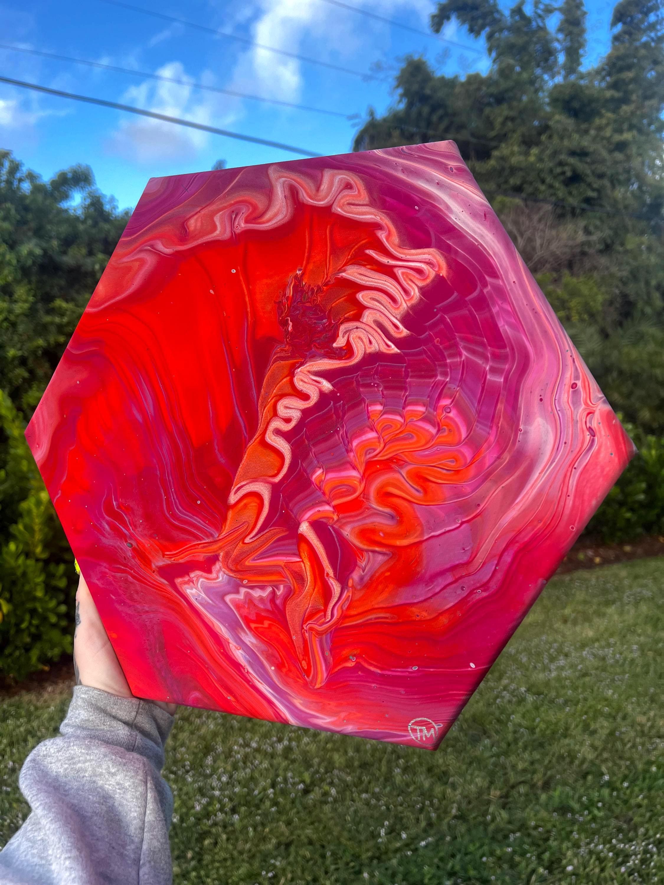 Ember Ascension Hexagon Acrylic Pour Painting