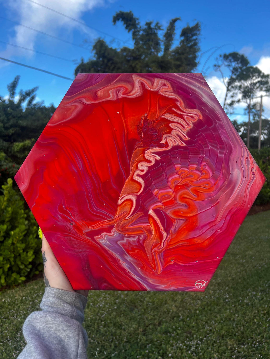 Ember Ascension Hexagon Acrylic Pour Painting