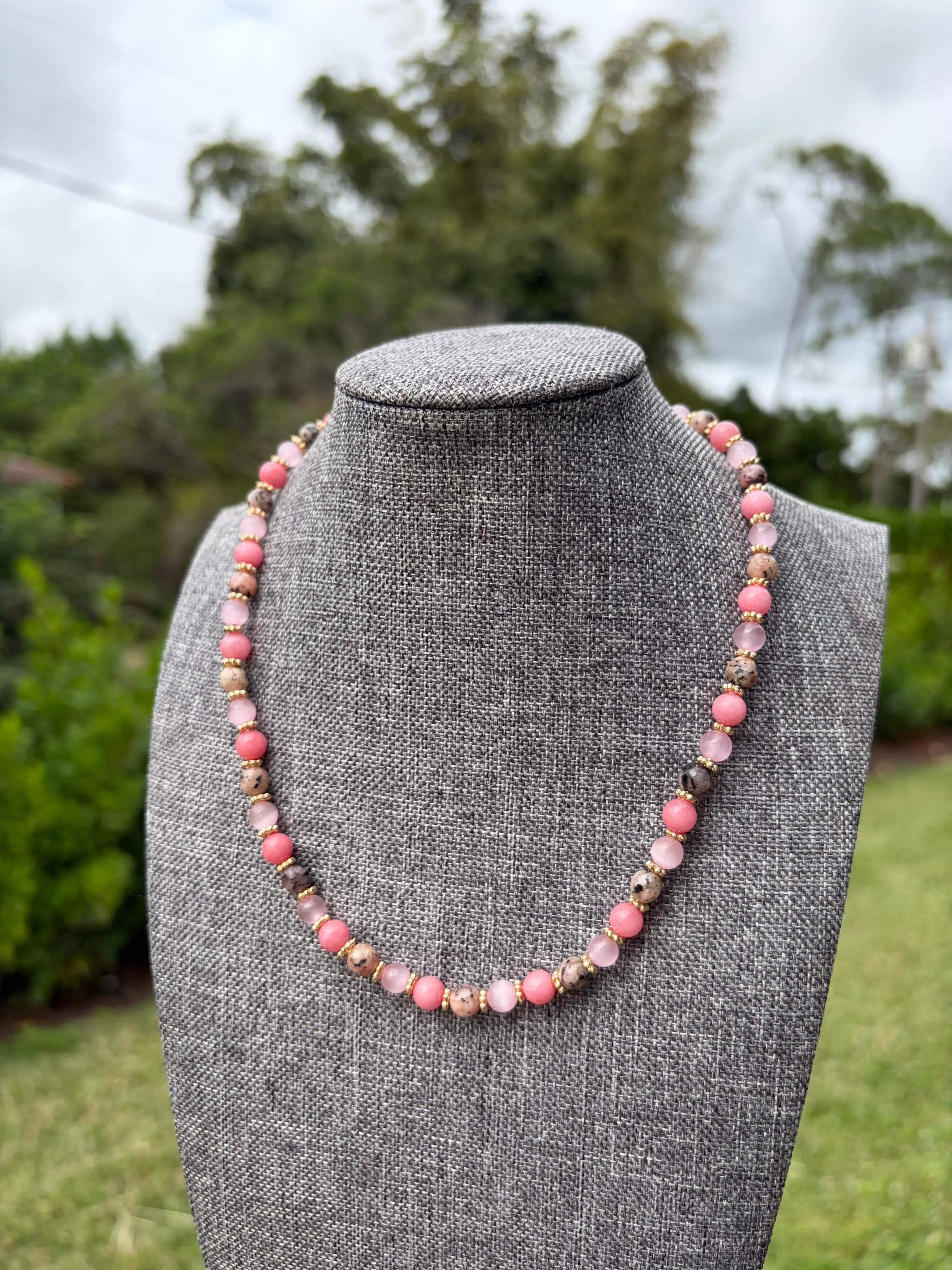 Rose Quartz + Pink Cat Eye + Mafian Jasper Crystal Necklace