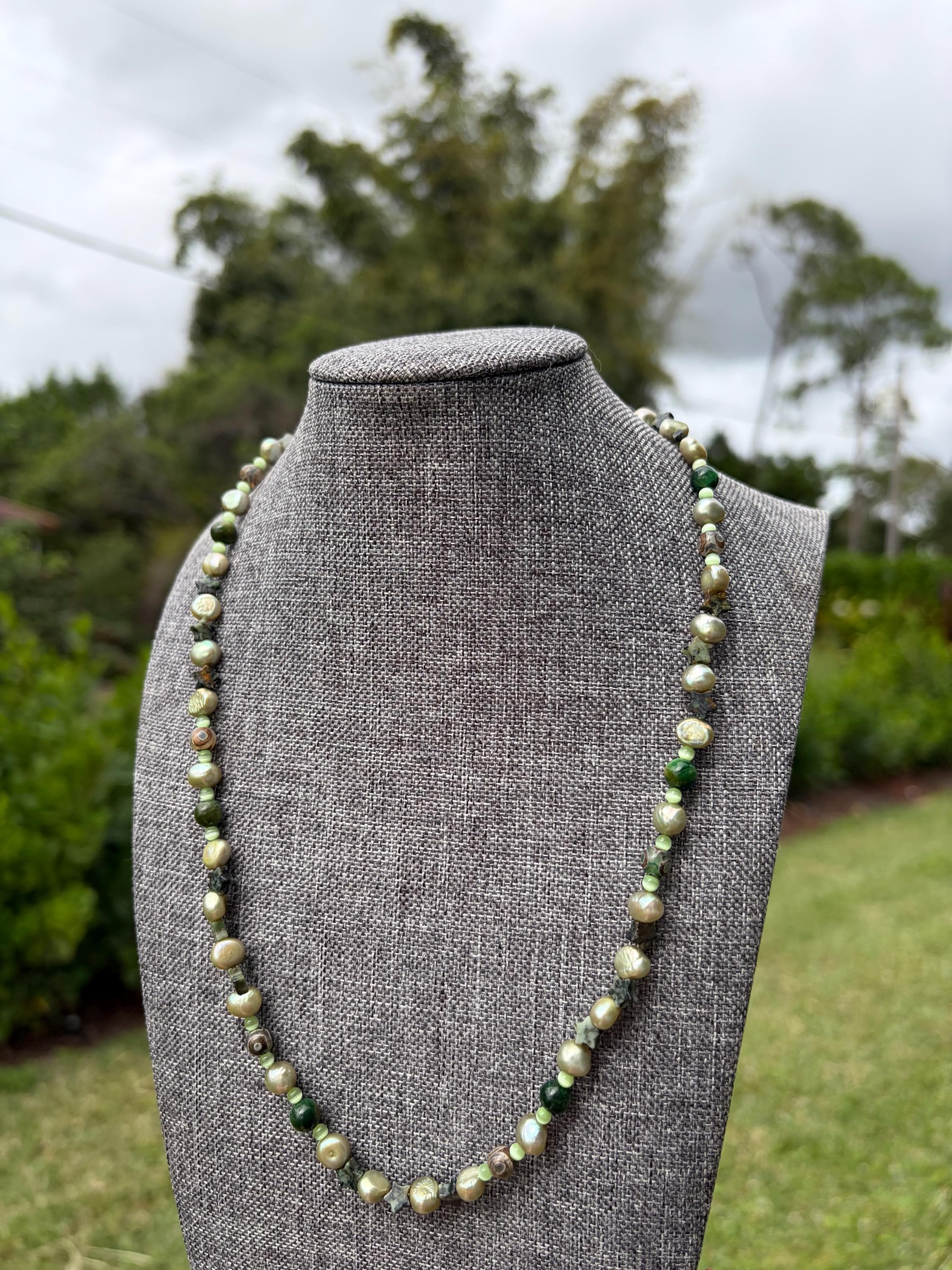 African Turquoise + Green Cat Eye + Koshi Star Freshwater Pearl Necklace