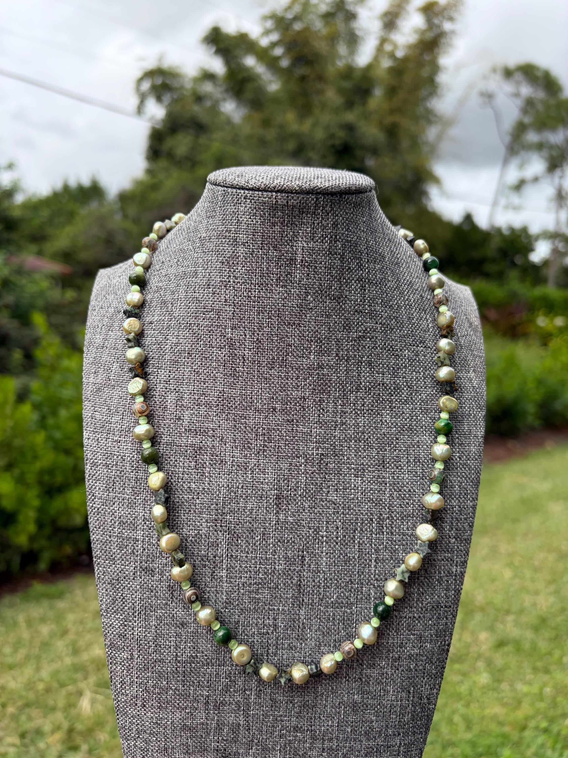 African Turquoise + Green Cat Eye + Koshi Star Freshwater Pearl Necklace