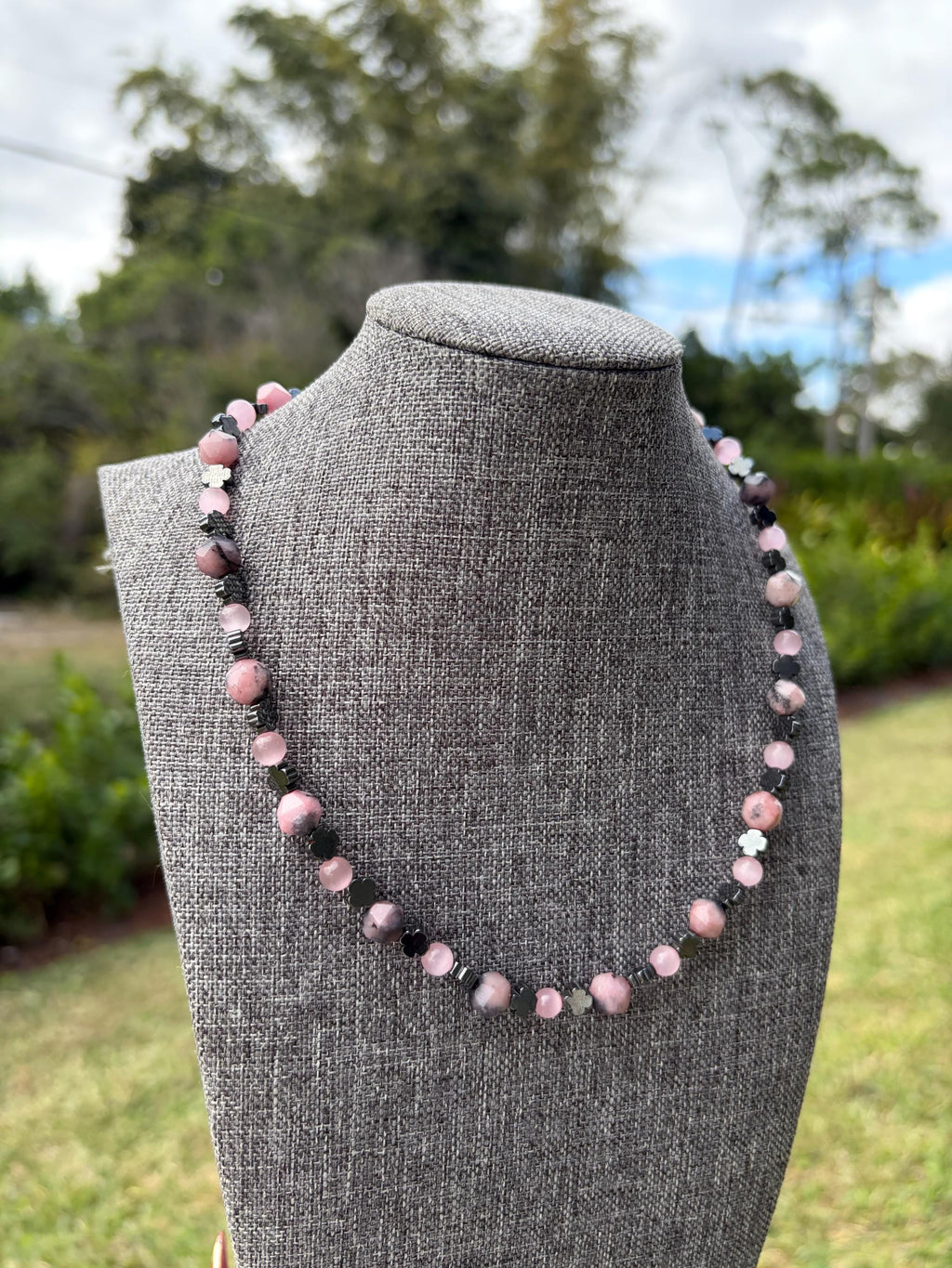 Rhodochrosite + Pink Cat Eye + Hematite Clover Crystal Necklace