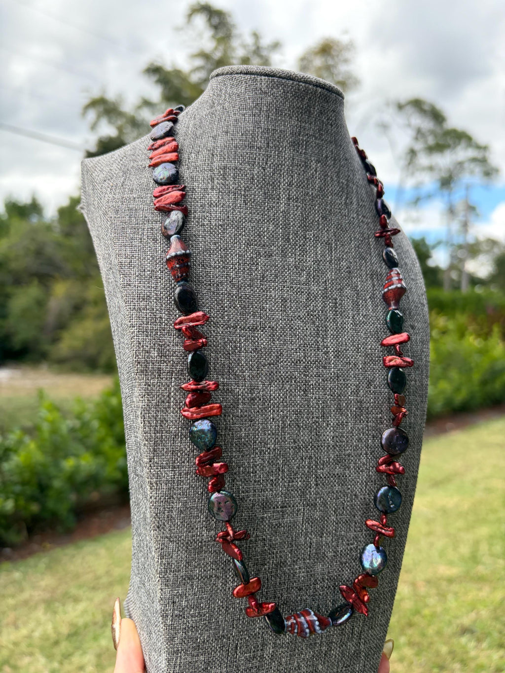 Blue Round + Red Stick Seashell Freshwater Pearl Necklace
