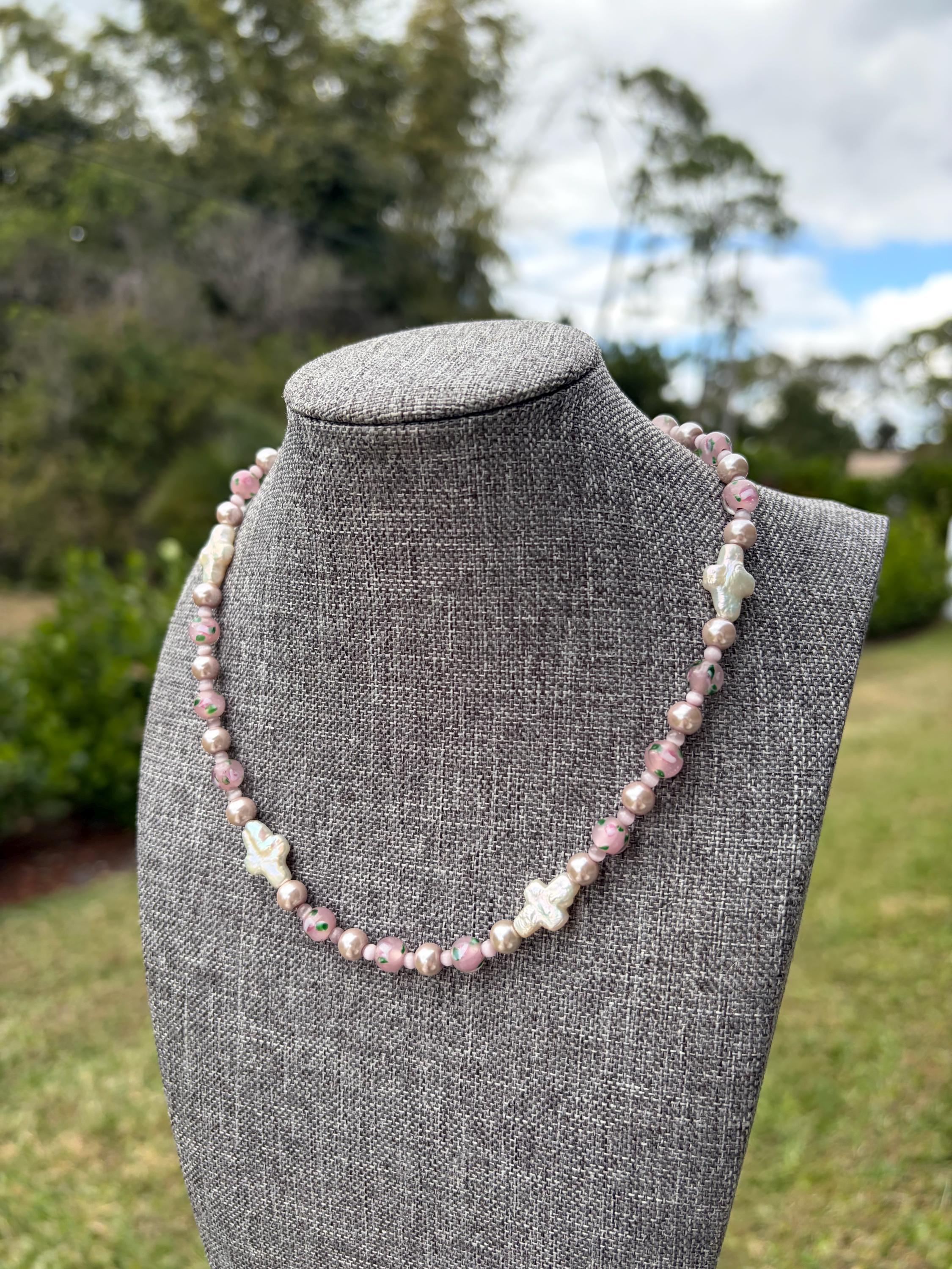 Ceramic Floral + Pink Cat Eye Cross Pearl Necklace