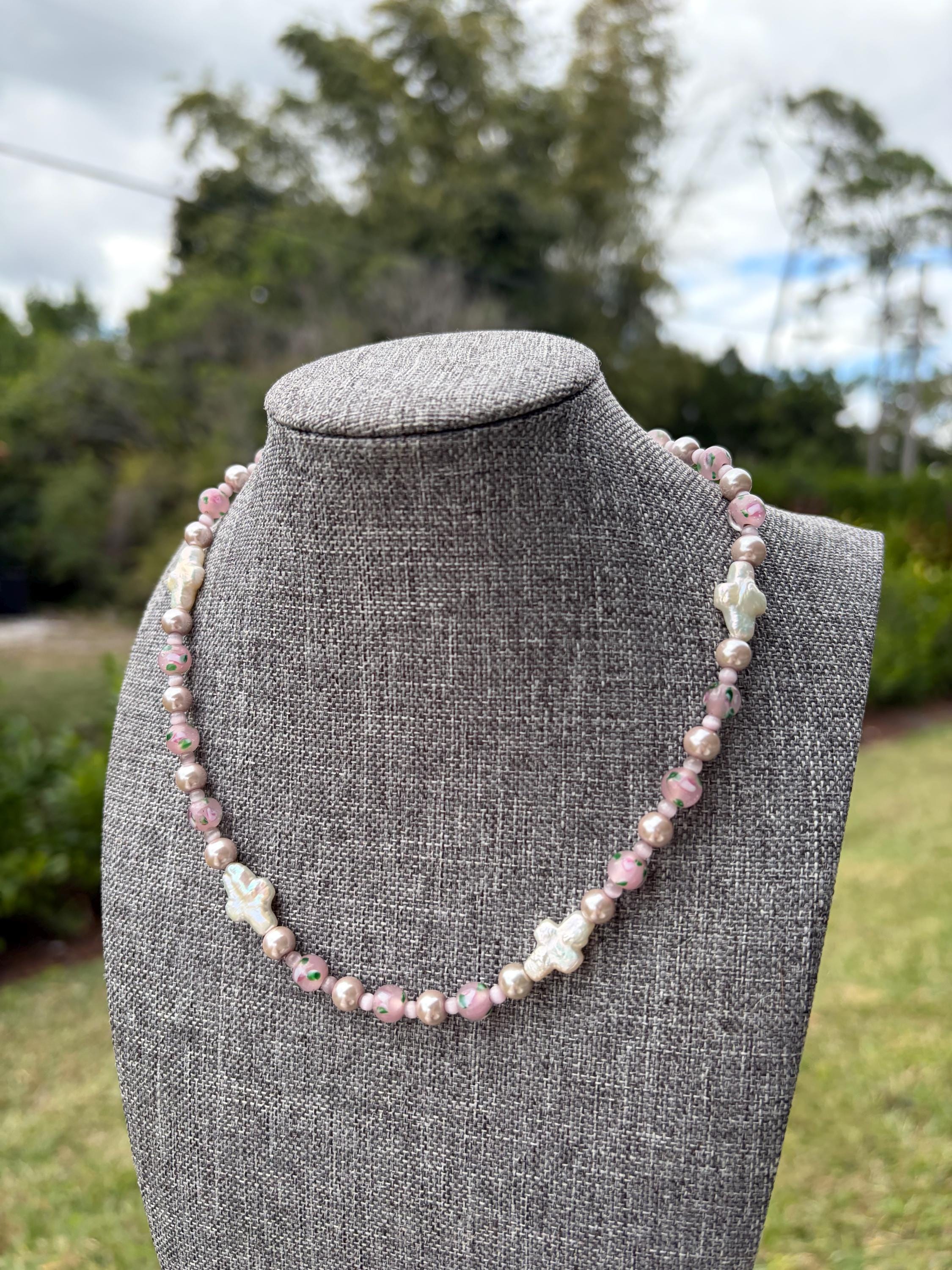 Ceramic Floral + Pink Cat Eye Cross Pearl Necklace