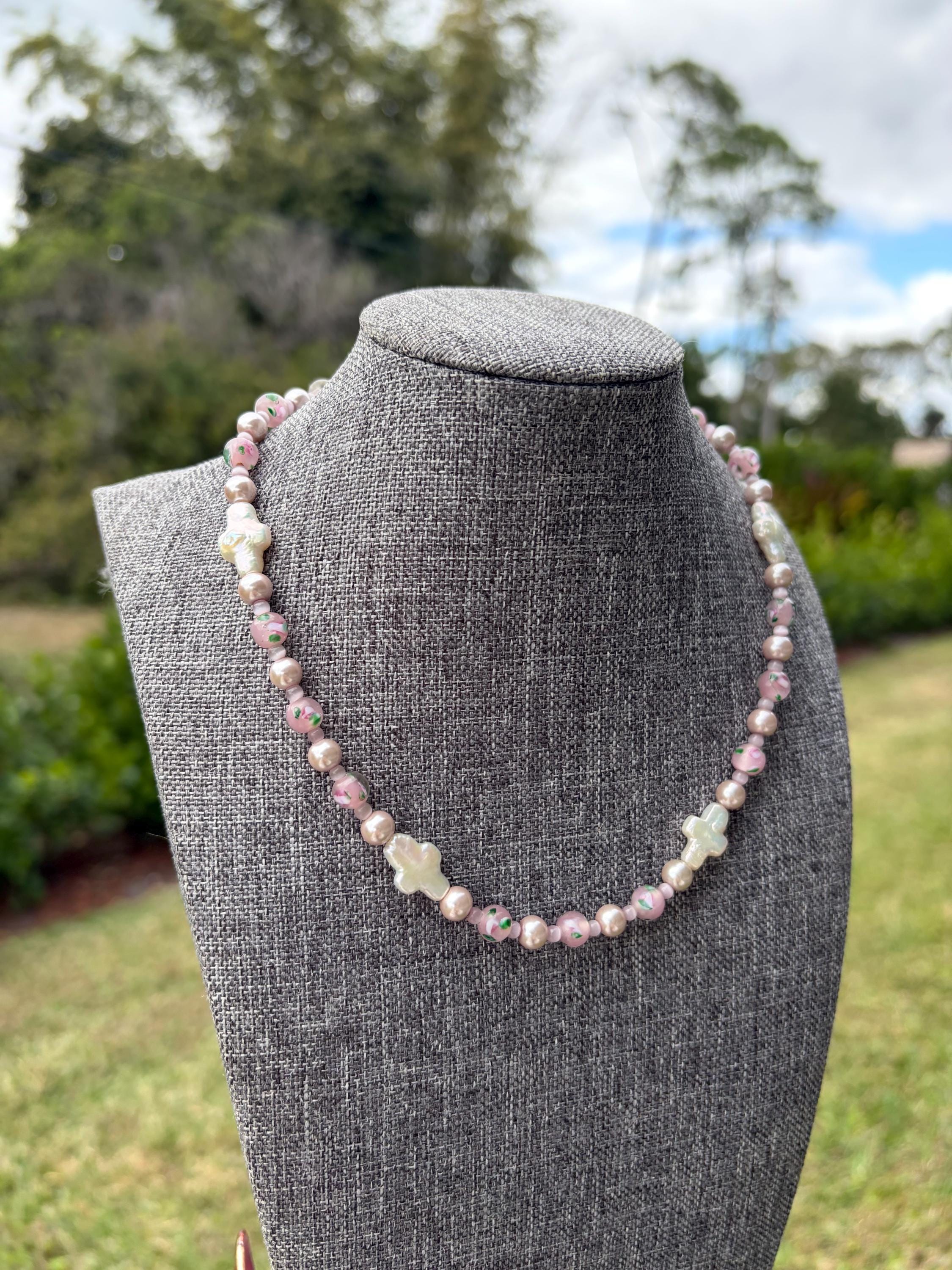 Ceramic Floral + Pink Cat Eye Cross Pearl Necklace