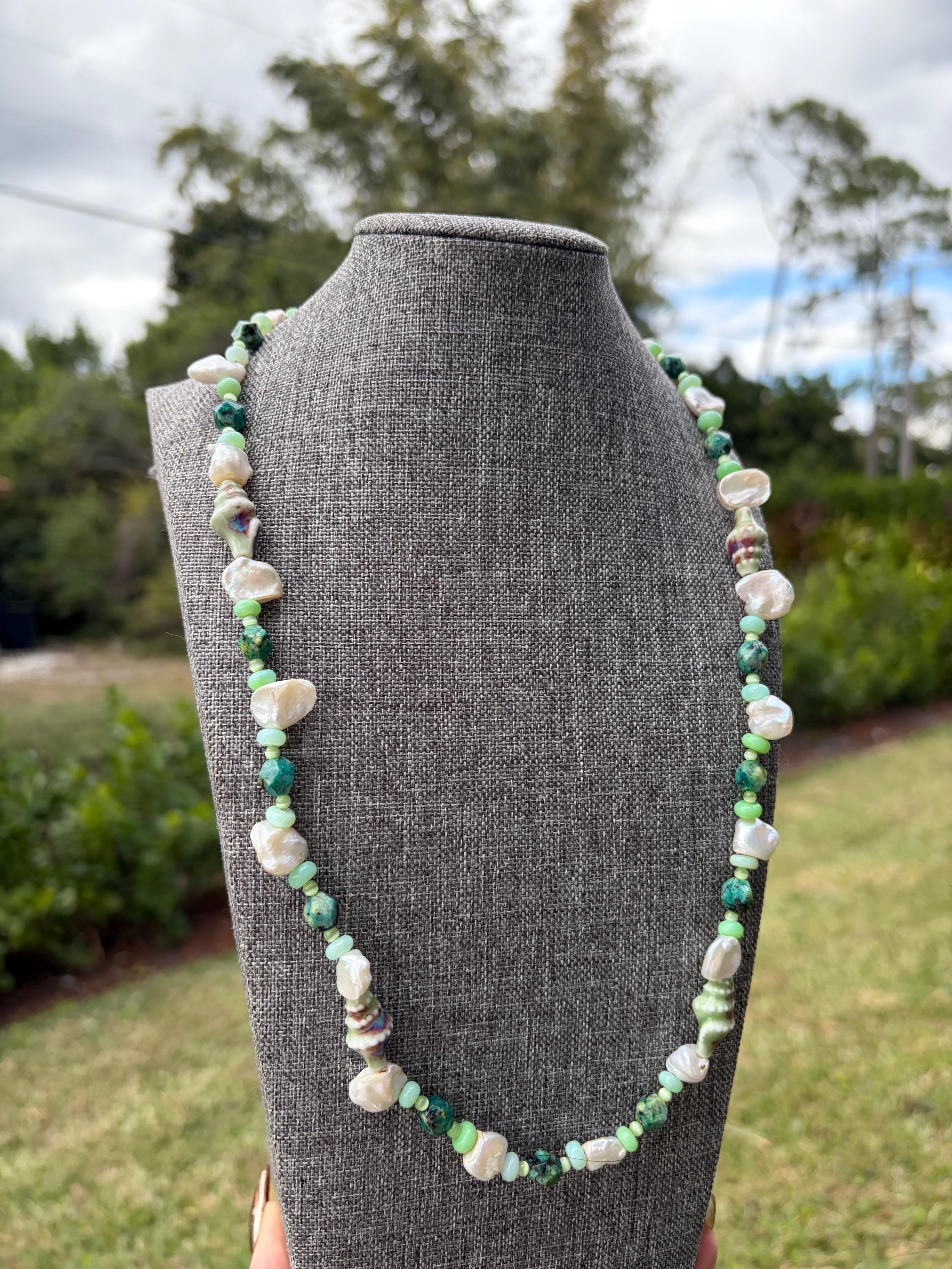 Green Opal + Cat Eye + Freshwater Pearl Necklace