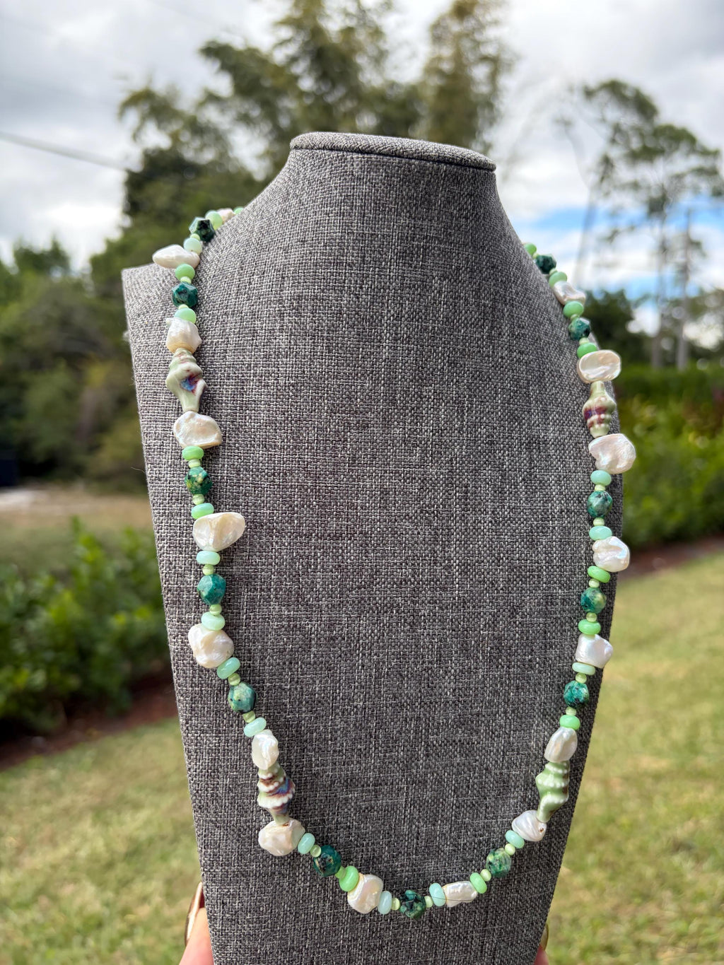 Green Opal + Cat Eye + Freshwater Pearl Necklace