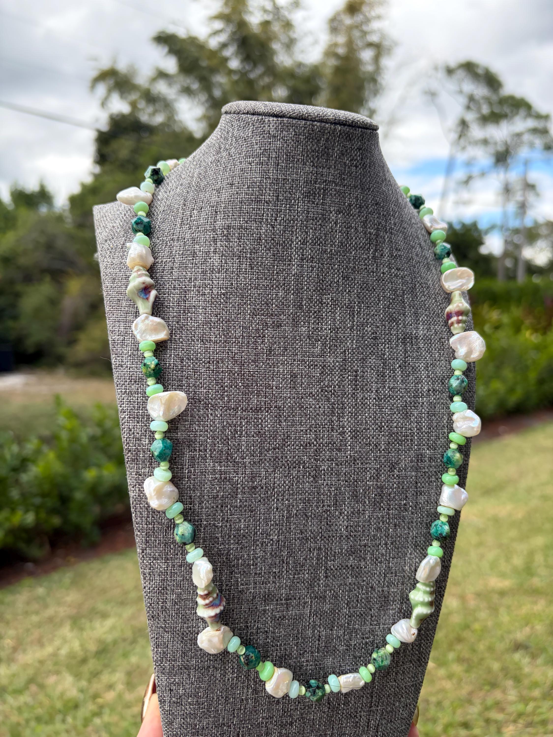 Green Opal + Cat Eye + Freshwater Pearl Necklace