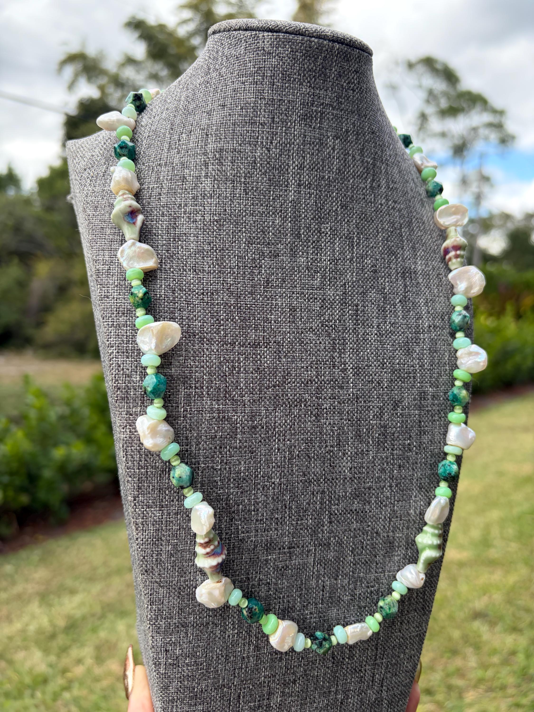Green Opal + Cat Eye + Freshwater Pearl Necklace