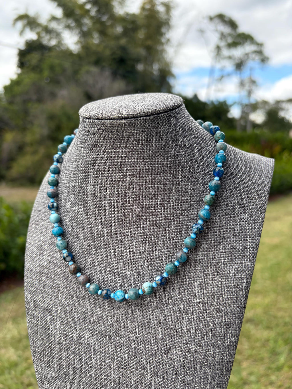 Blue Jade + Blue Shell Cat Eye Crystal Necklace