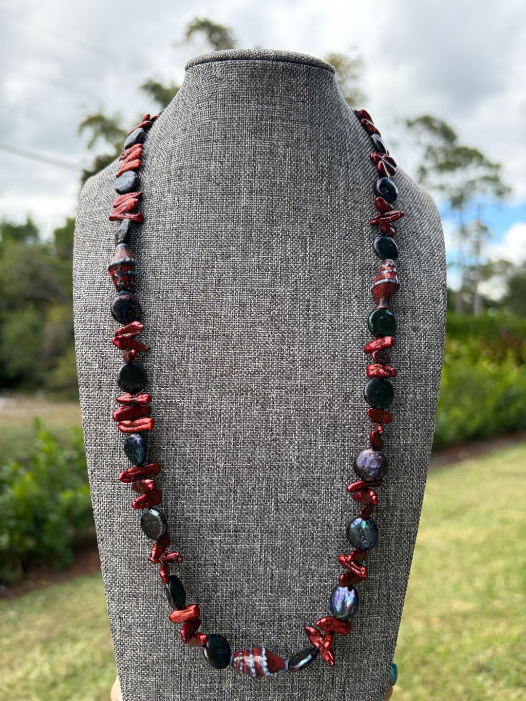 Blue Round + Red Stick Seashell Freshwater Pearl Necklace