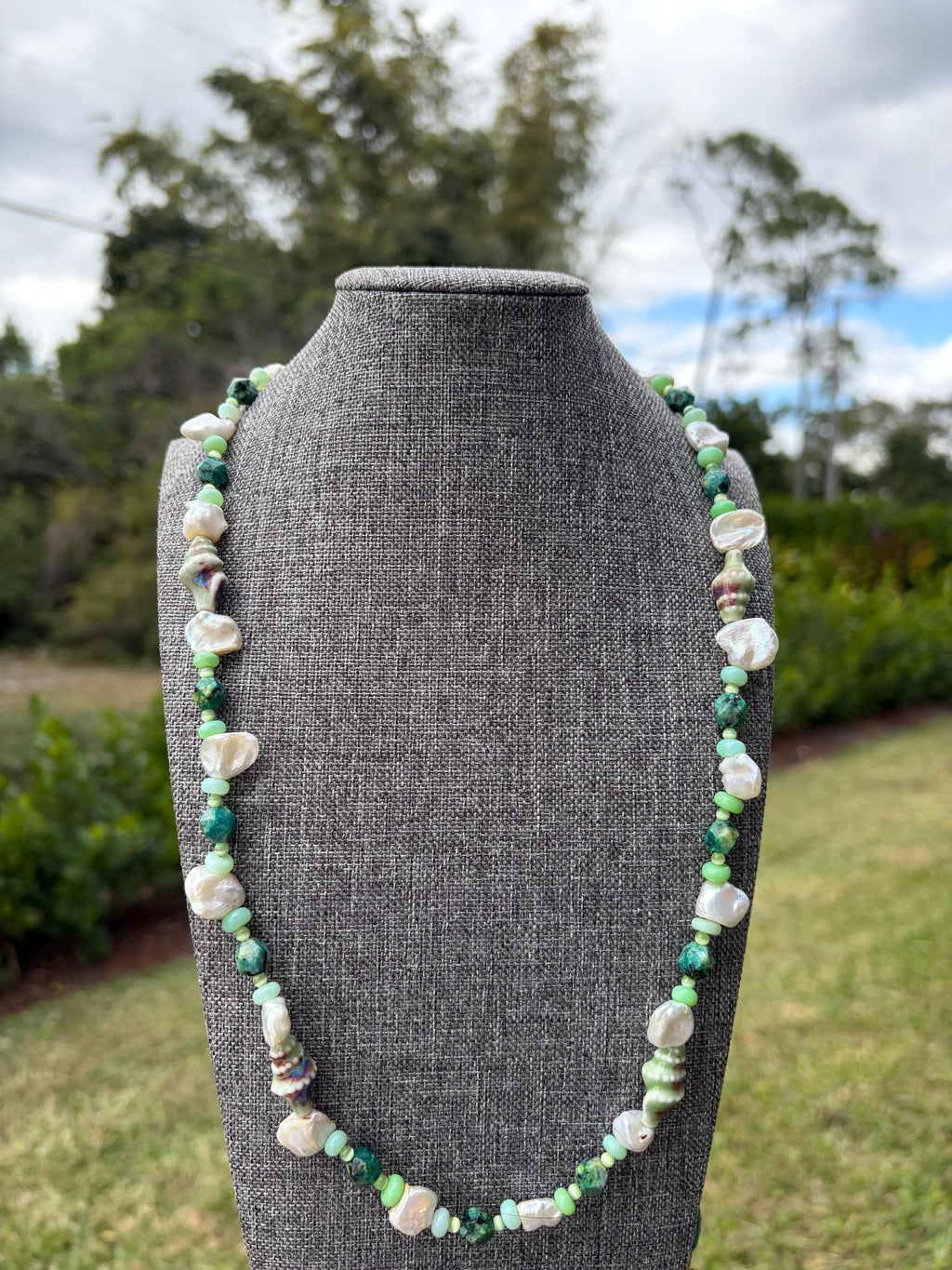 Green Opal + Cat Eye + Freshwater Pearl Necklace