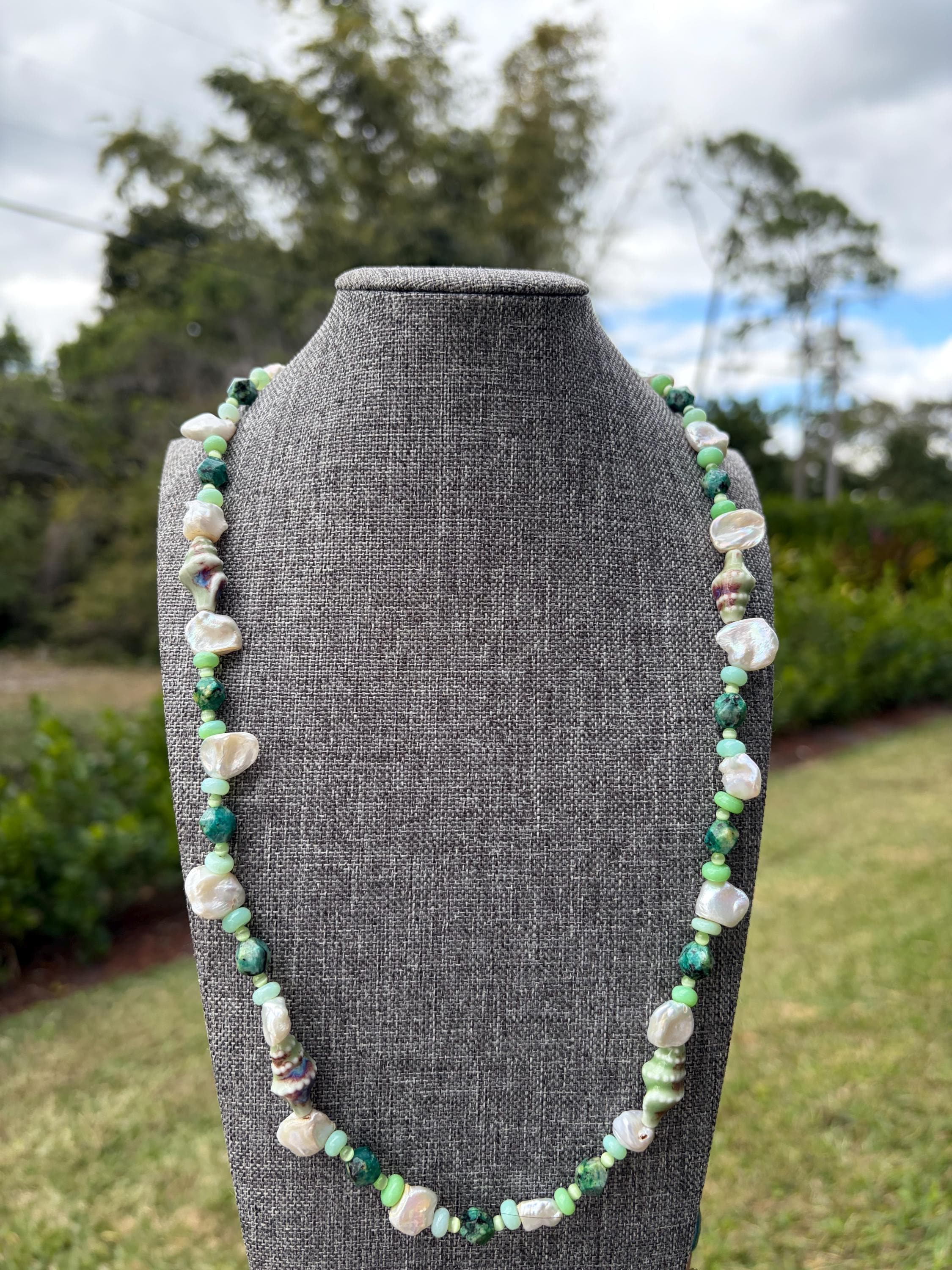 Green Opal + Cat Eye + Freshwater Pearl Necklace