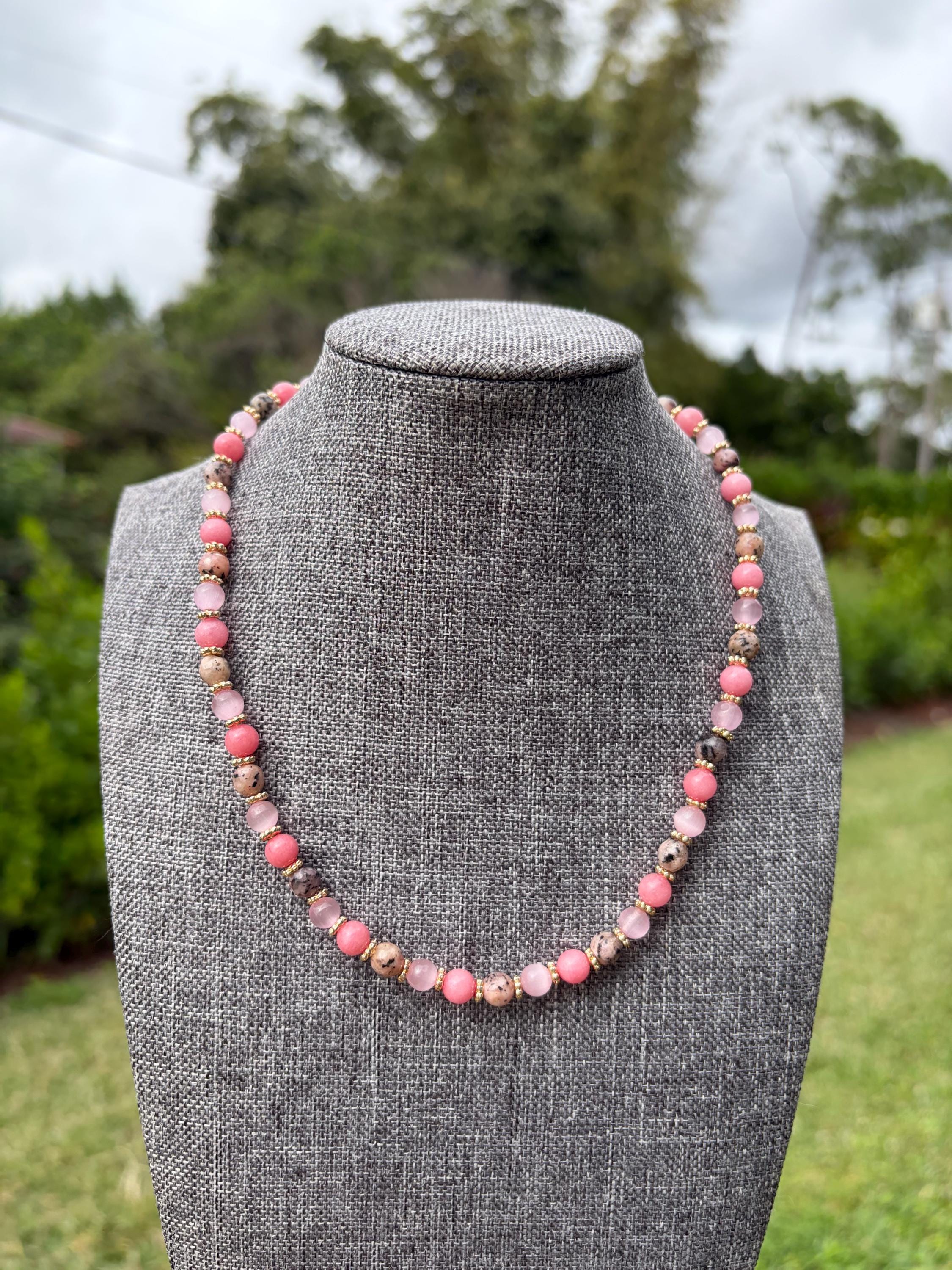 Rose Quartz + Pink Cat Eye + Mafian Jasper Crystal Necklace
