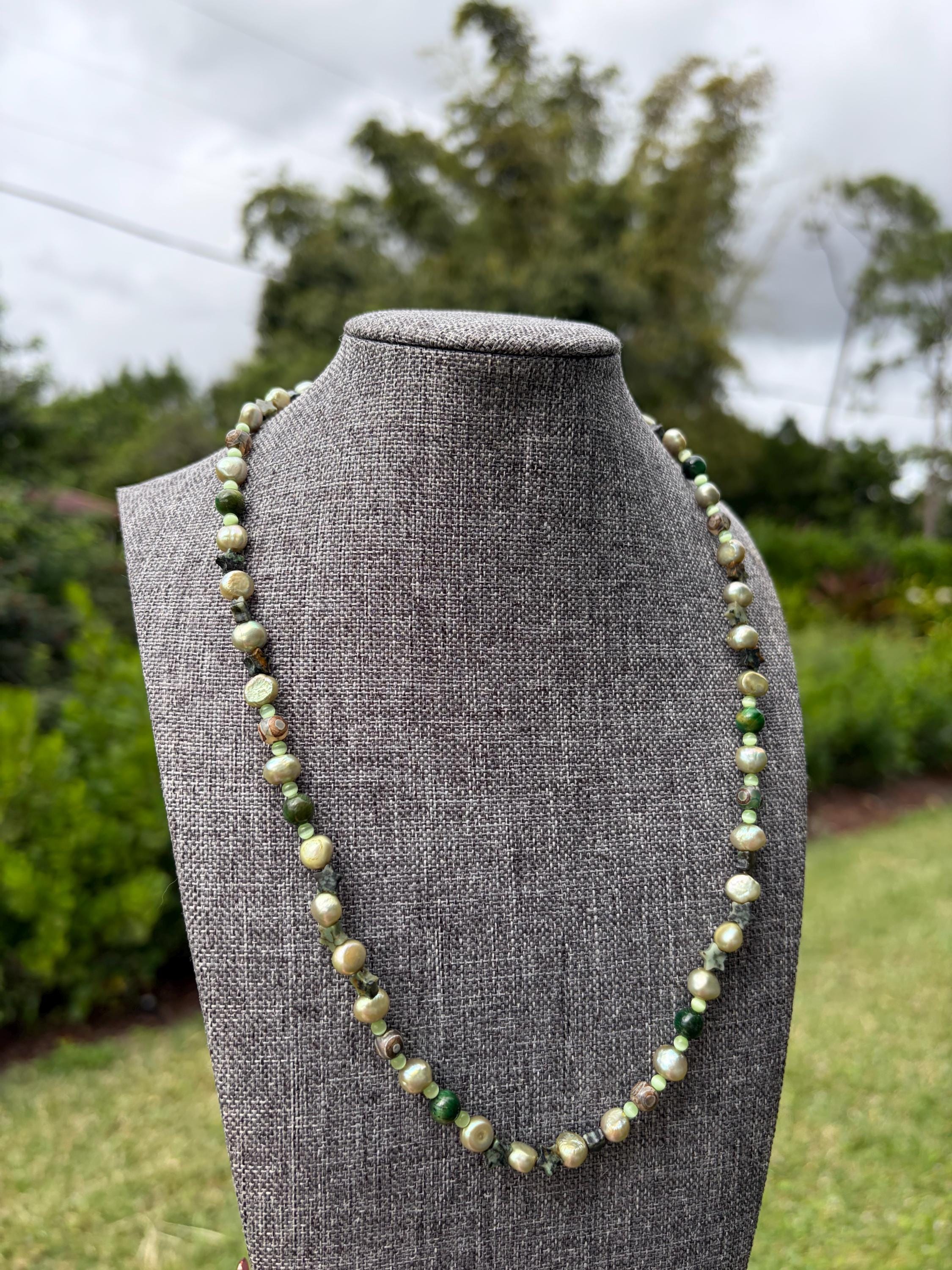 African Turquoise + Green Cat Eye + Koshi Star Freshwater Pearl Necklace