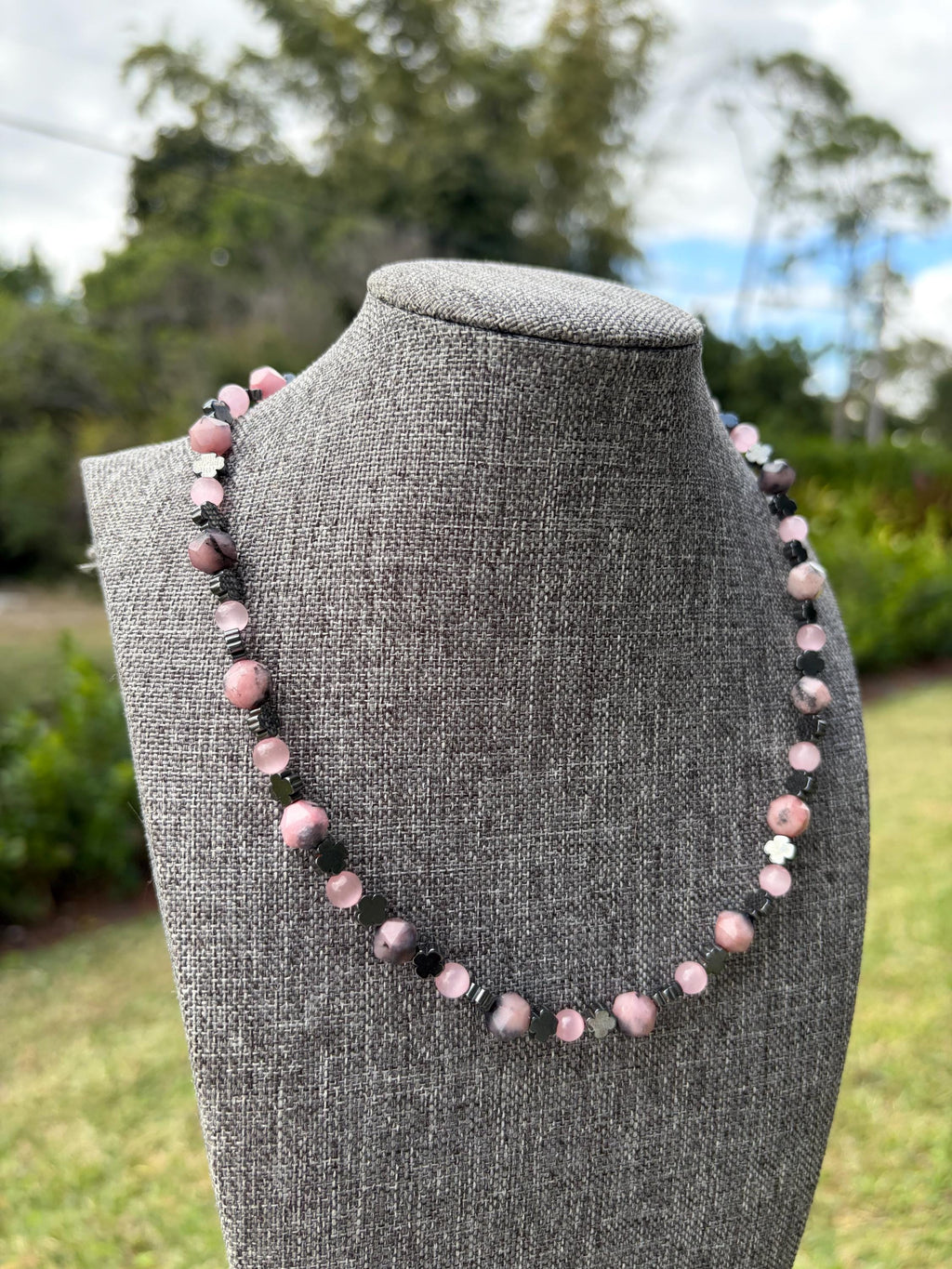 Rhodochrosite + Pink Cat Eye + Hematite Clover Crystal Necklace