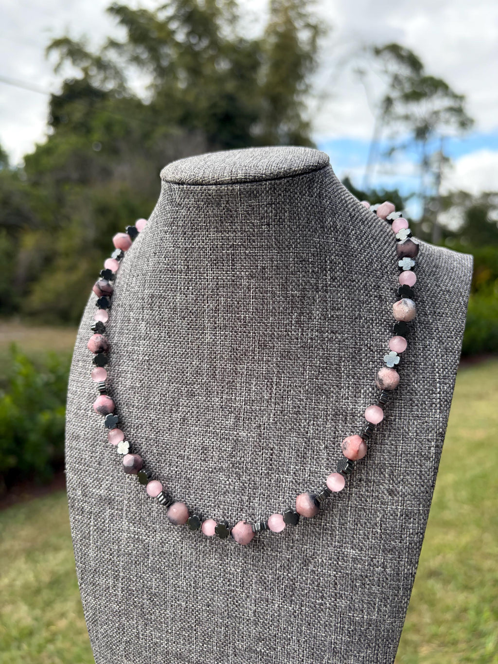 Rhodochrosite + Pink Cat Eye + Hematite Clover Crystal Necklace