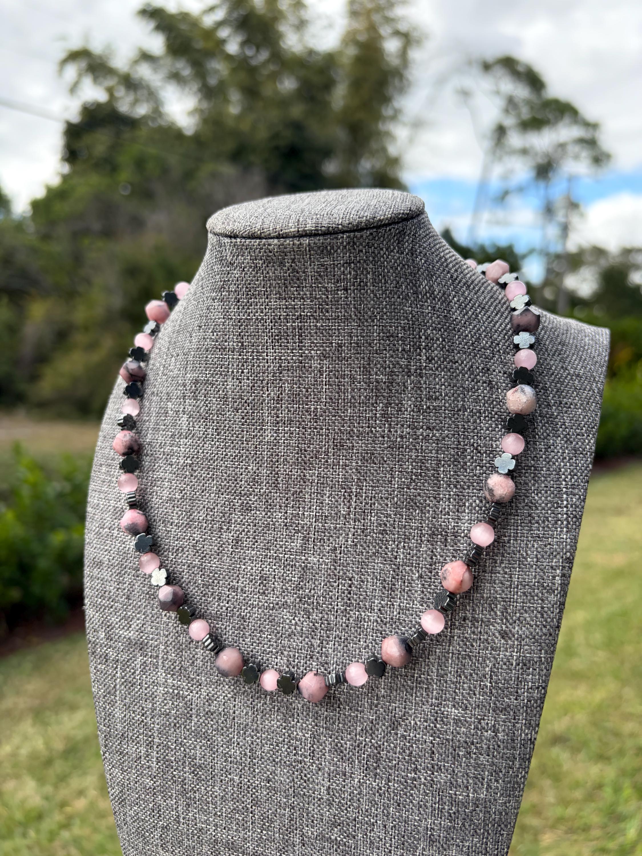 Rhodochrosite + Pink Cat Eye + Hematite Clover Crystal Necklace