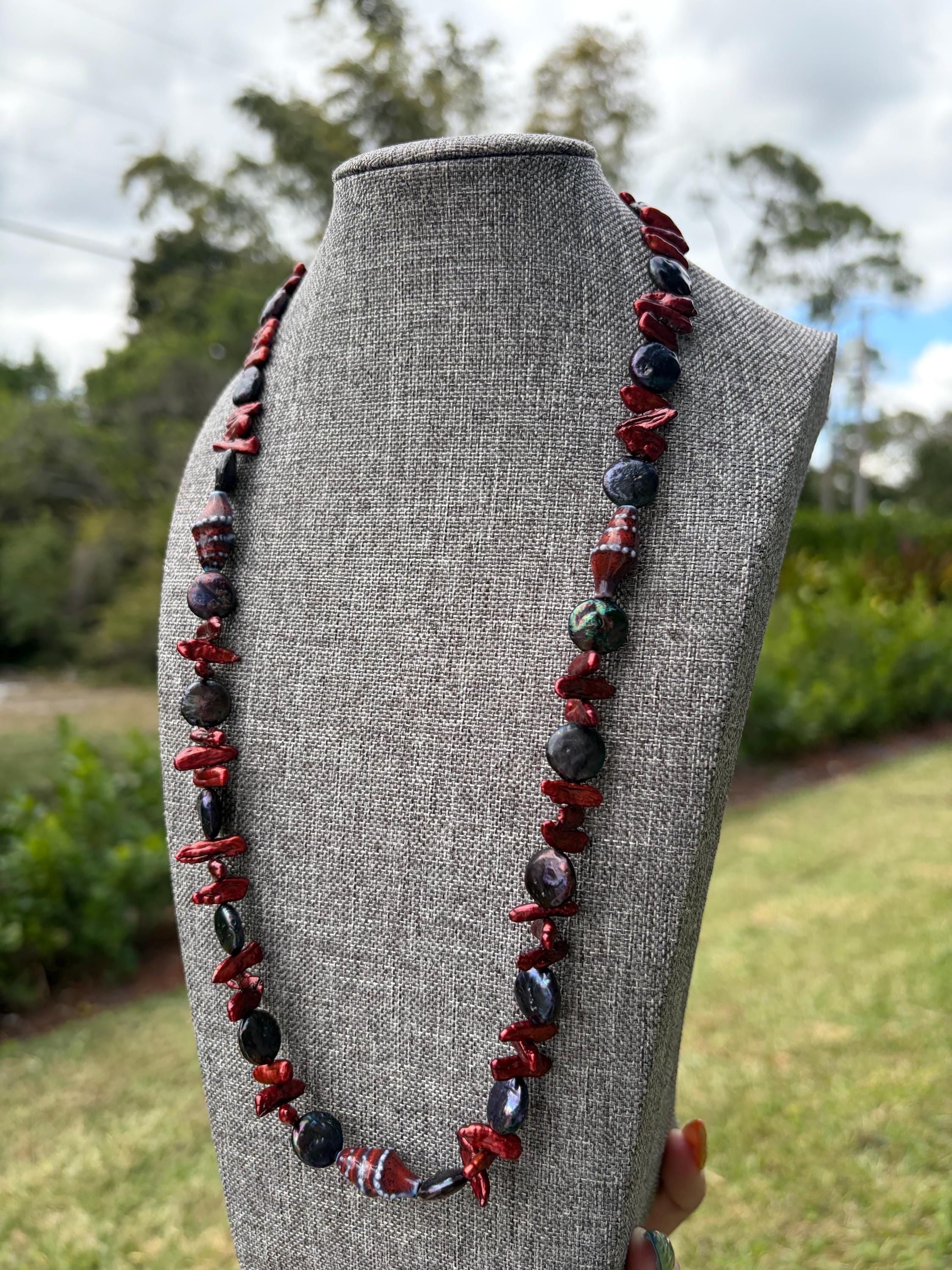 Blue Round + Red Stick Seashell Freshwater Pearl Necklace