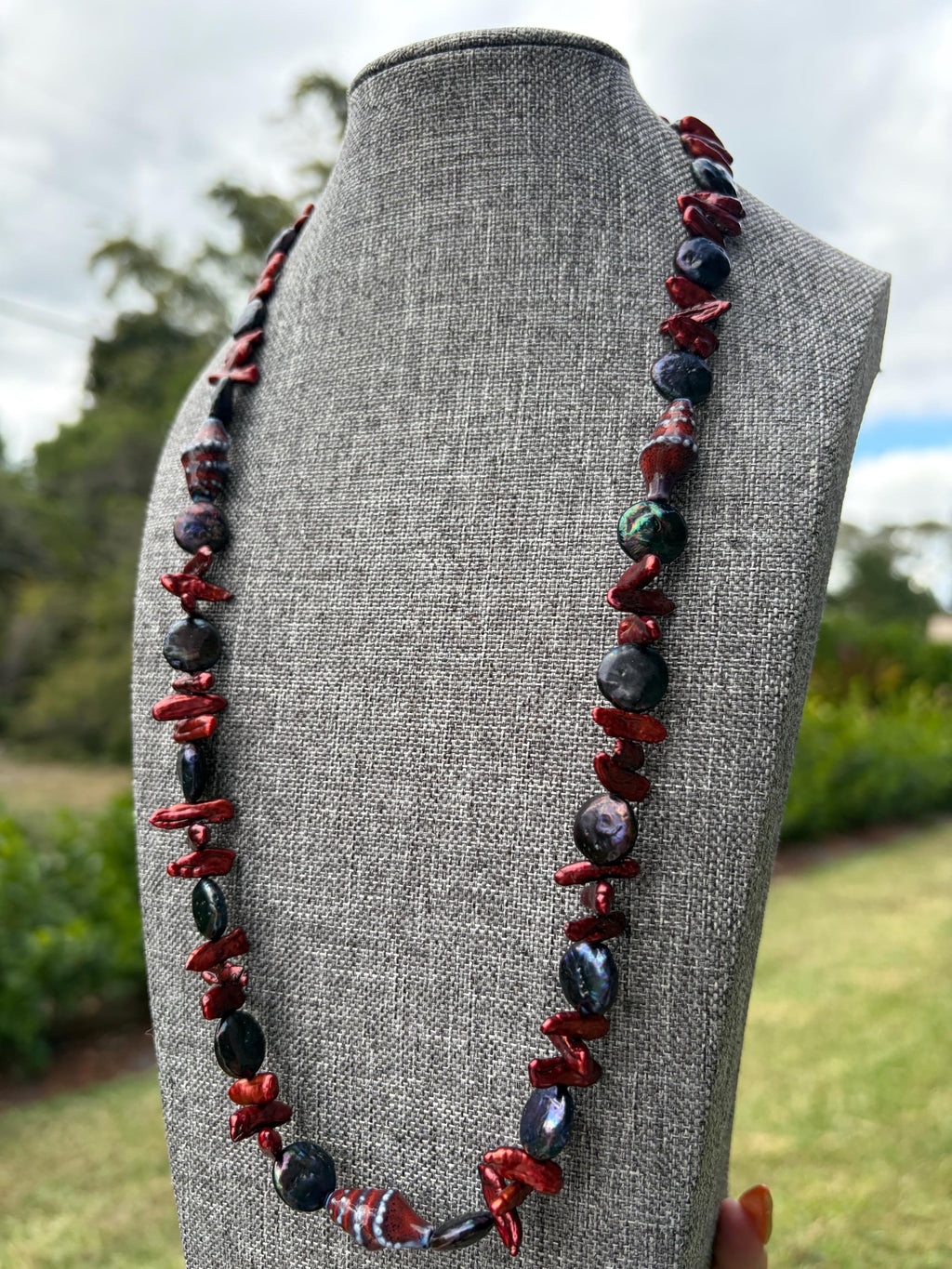 Blue Round + Red Stick Seashell Freshwater Pearl Necklace