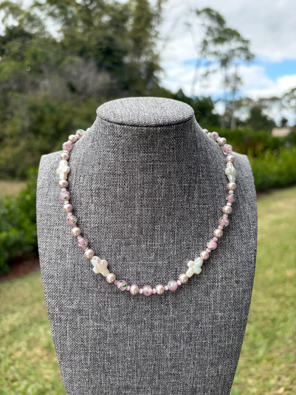 Ceramic Floral + Pink Cat Eye Cross Pearl Necklace