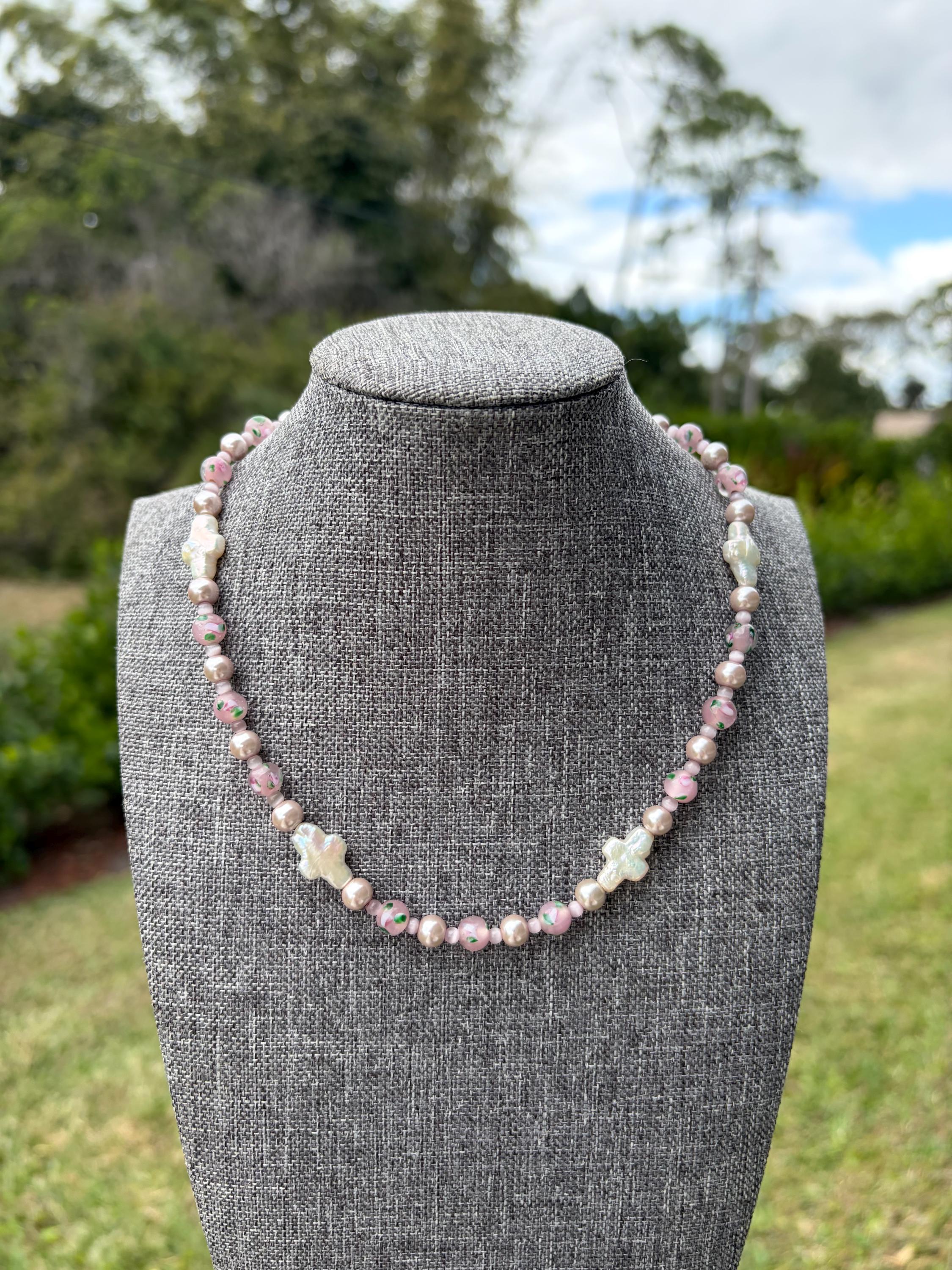 Ceramic Floral + Pink Cat Eye Cross Pearl Necklace