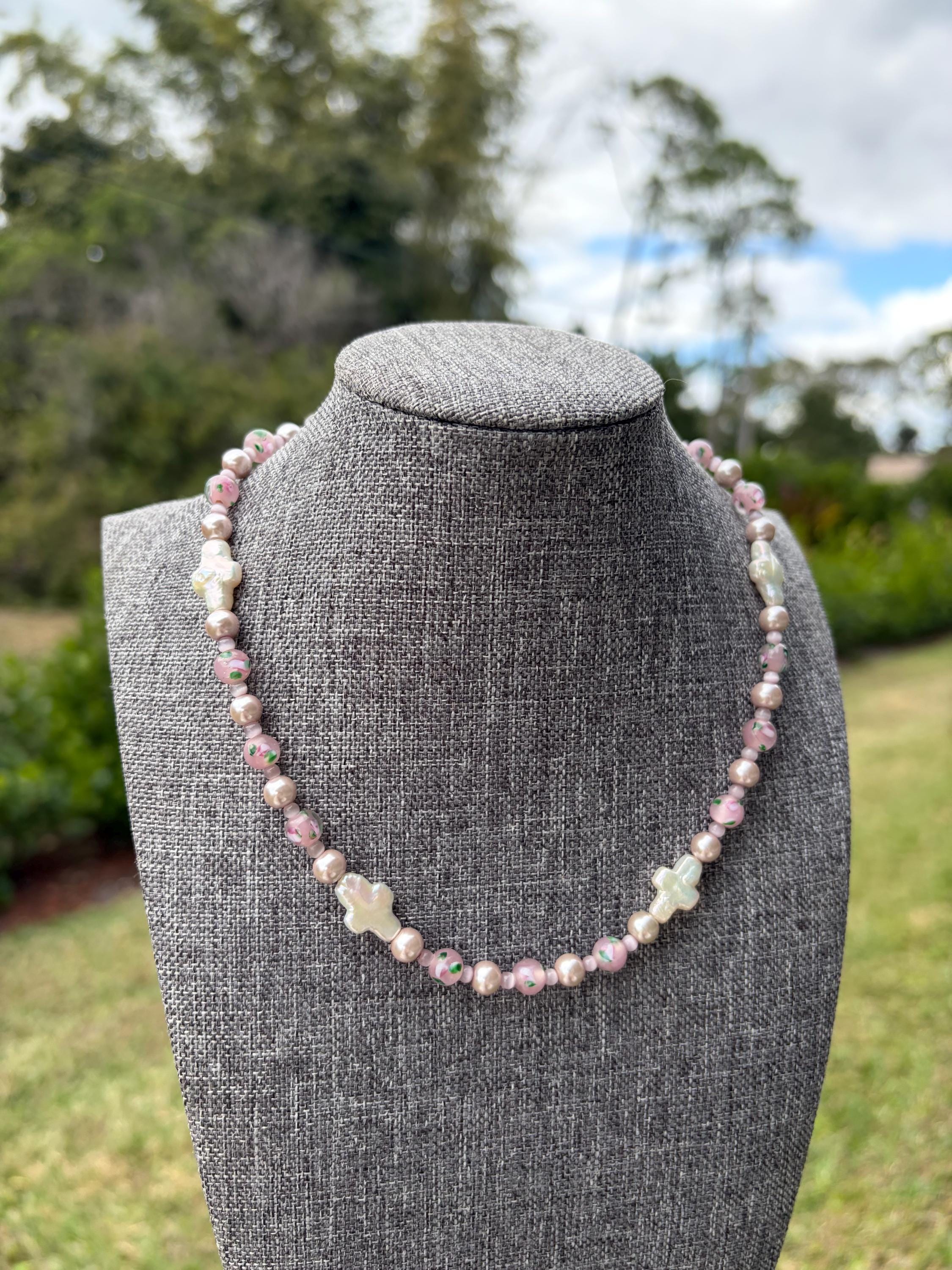 Ceramic Floral + Pink Cat Eye Cross Pearl Necklace