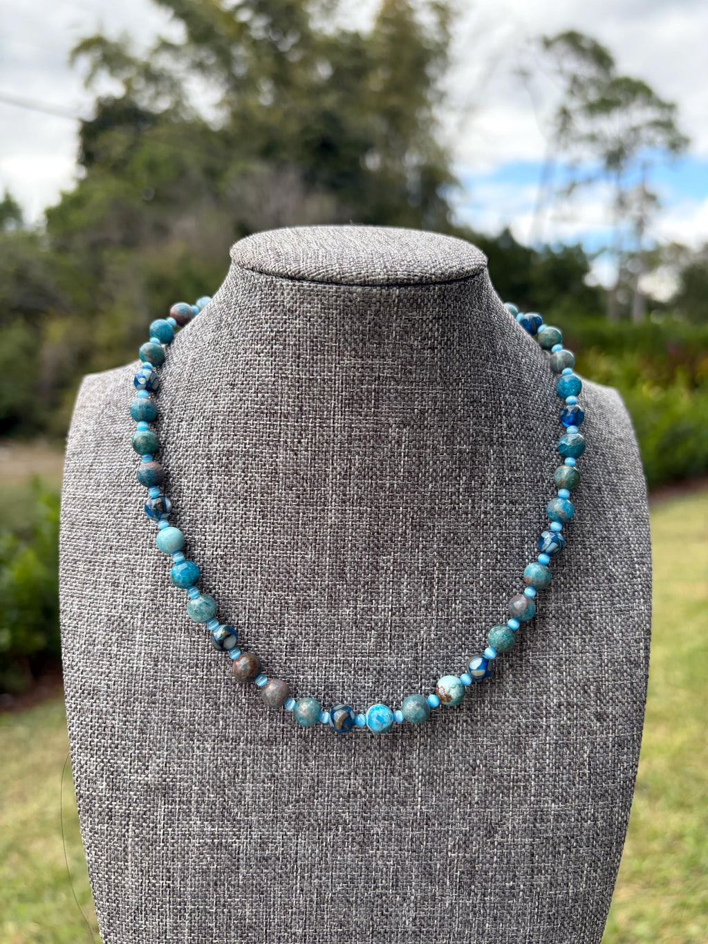 Blue Jade + Blue Shell Cat Eye Crystal Necklace