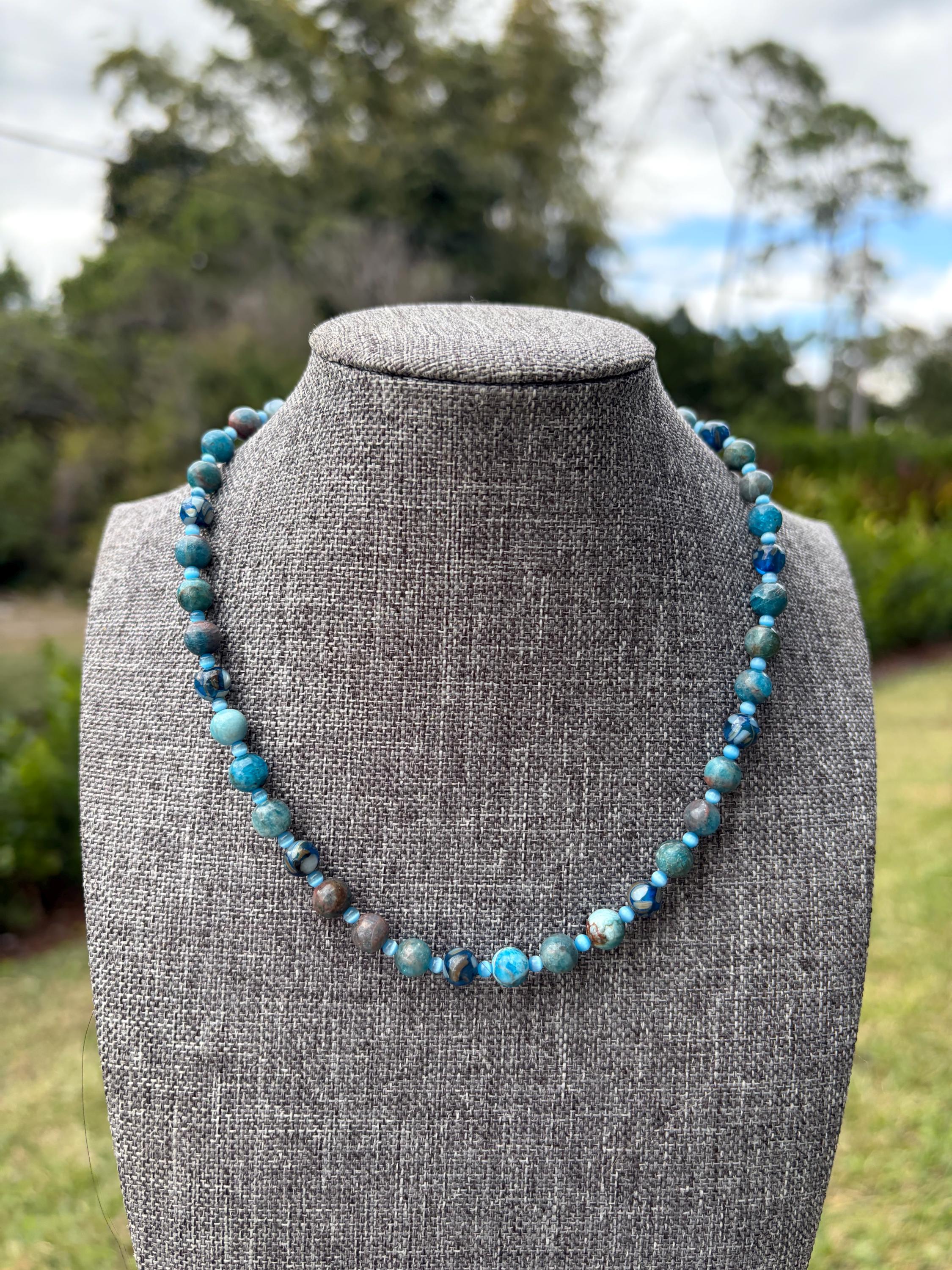 Blue Jade + Blue Shell Cat Eye Crystal Necklace