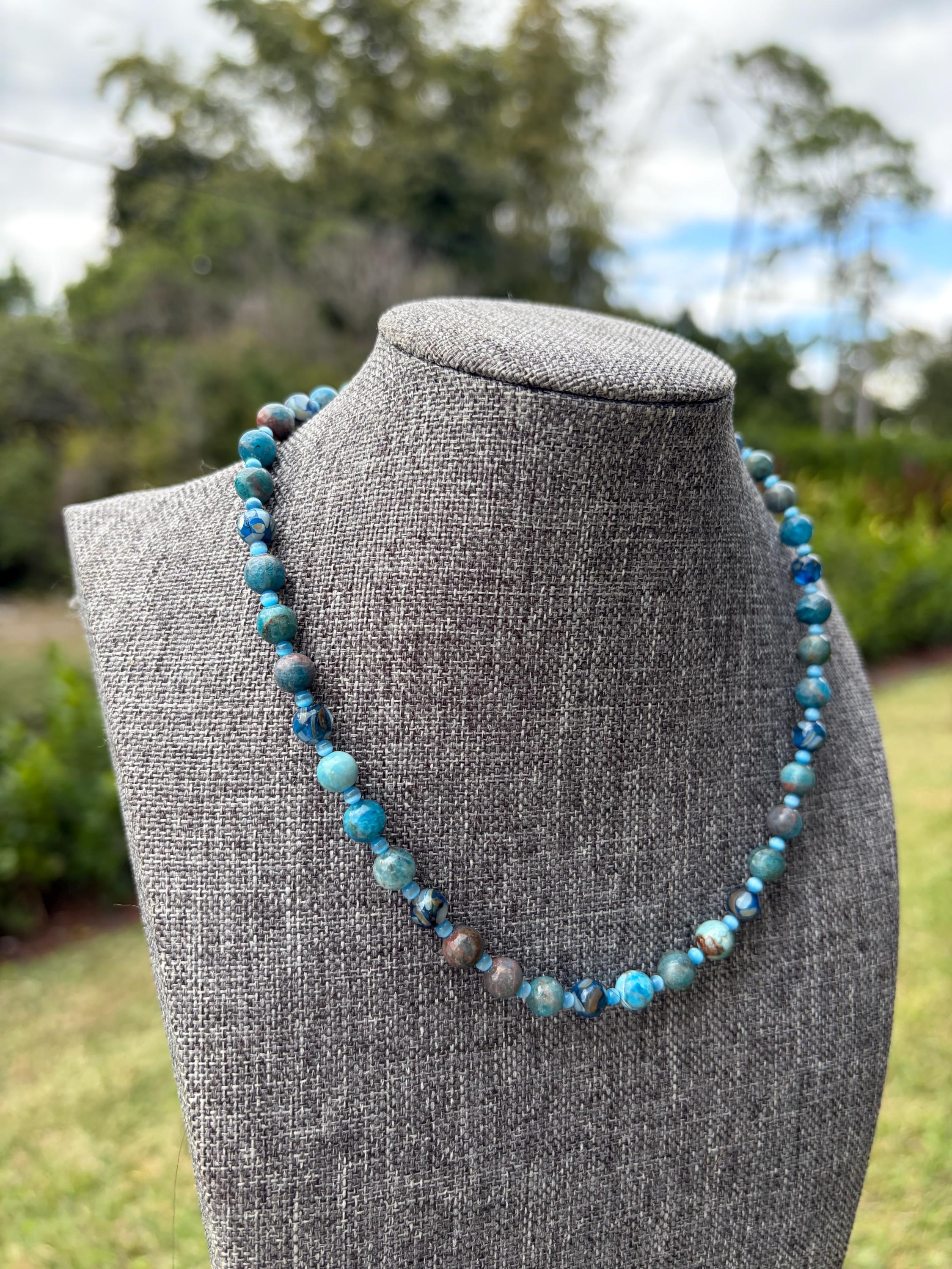 Blue Jade + Blue Shell Cat Eye Crystal Necklace